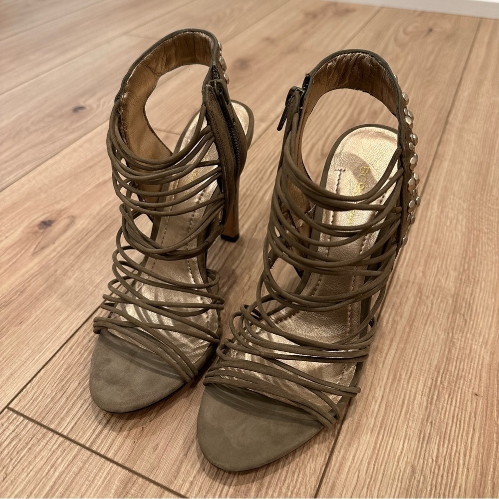 NWT BCBGeneration Pasha High Heel Sandals Dark Moss Kidskin Suede Studded - Picture 2 of 12